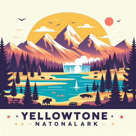 Mountains, lake and forest in flat style. Vector illustration.のイラスト素材