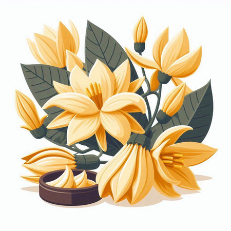 Vector illustration of a bouquet of yellow lilies with green leavesのイラスト素材