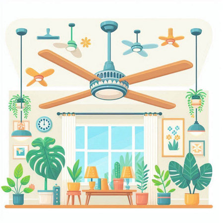 Ceiling fan. Vector illustration in flat style. Furniture in the room.のイラスト素材