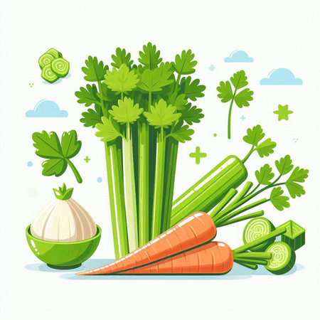 Vector illustration of fresh celery, carrot, onion and parsleyのイラスト素材