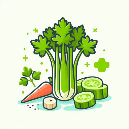 Celery icon. Cucumber, carrot, onion, parsley. Vector illustrationのイラスト素材
