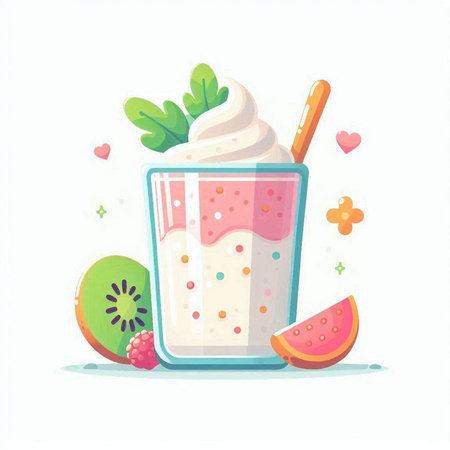 Milkshake in a glass with fruits and berries. Vector illustrationのイラスト素材