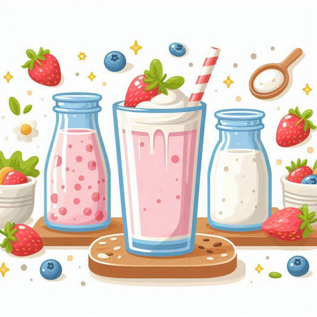 Milk shakes with berries and yoghurt. Vector illustration.のイラスト素材