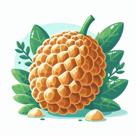 Illustration of a ripe durian fruit with leaves on a white backgroundのイラスト素材