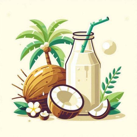 Coconut milk in a glass bottle and fresh coconutsのイラスト素材
