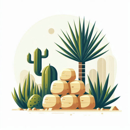 Desert landscape with cacti and succulents. Vector illustrationのイラスト素材