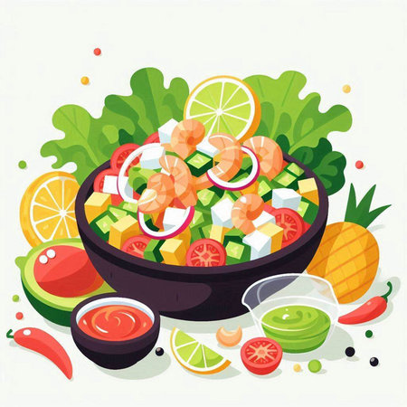 Salad with shrimps, avocado, tomato, cucumber, onion, lemon and spices. Vector illustration.のイラスト素材