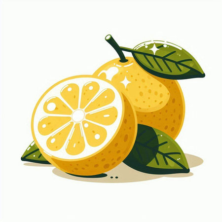 Illustration of whole and half lemons with leaves on white backgroundのイラスト素材