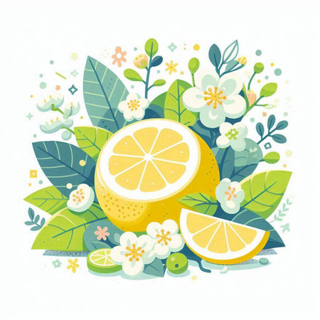 Lemon fruit and flowers. Vector illustration on a white background.のイラスト素材