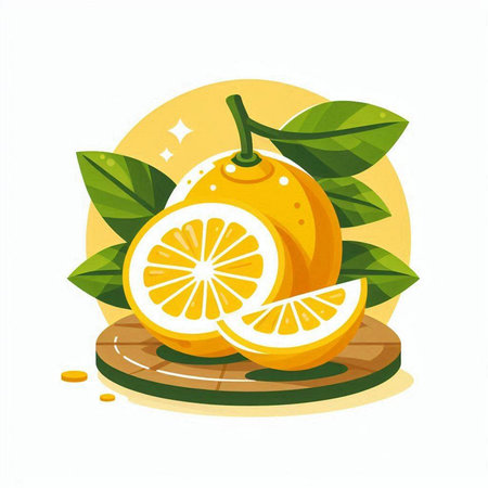 Lemon vector illustration. Juicy citrus fruit on a cutting board.のイラスト素材