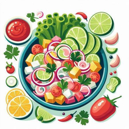 Fresh vegetable salad in a plate. Healthy food. Vector illustration.のイラスト素材