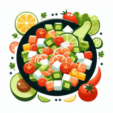 Vegetable salad with avocado, tomato, lettuce, cucumber and olive oilのイラスト素材