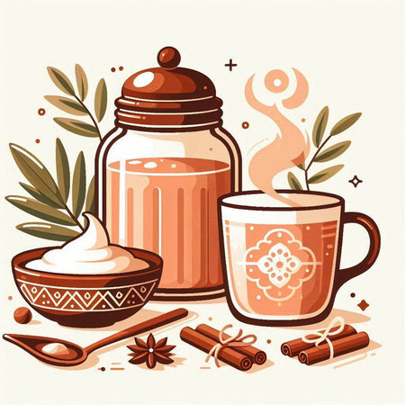 Cup of hot drink with spices and herbs. Vector illustration.のイラスト素材