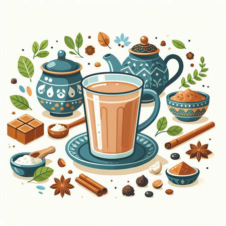 Cup of hot tea with cinnamon, cardamom, star anise, coffee beans, sugar cubes, star anise. Vector illustration.のイラスト素材