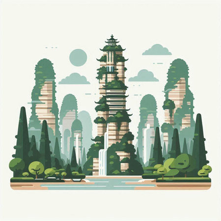 Landscape with pagoda in the park. Vector illustration in flat styleのイラスト素材
