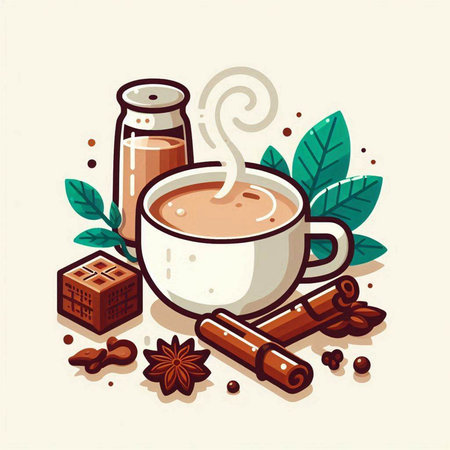 Coffee cup with cinnamon and star anise. Vector illustrationのイラスト素材