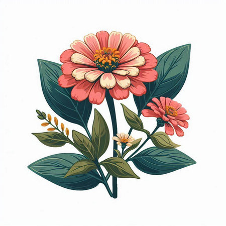Zinnia flower with leaves isolated on white background. Vector illustration.のイラスト素材