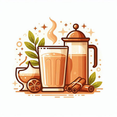 Coffee latte vector illustration. Hot drink in glass with cinnamon, cardamom, star and leaves.のイラスト素材