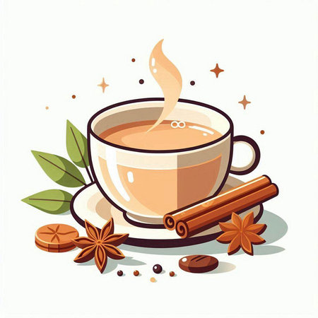 Cup of hot tea with cinnamon, star anise and coffee beansのイラスト素材