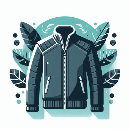 Vector illustration of a winter jacket on a background of leaves and circles.のイラスト素材