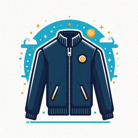 Vector illustration of winter jacket in flat style on blue background with sun and stars.のイラスト素材