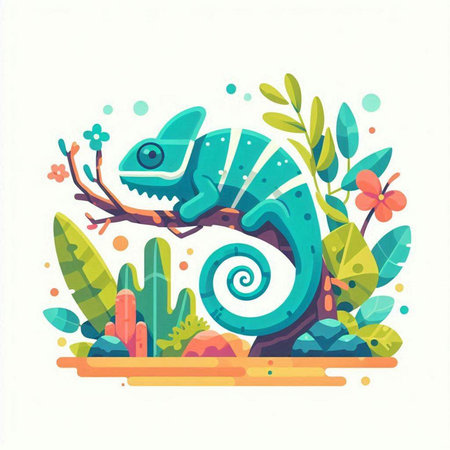 Cute chameleon in the jungle. Vector illustration in flat styleのイラスト素材