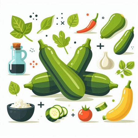 Zucchini and ingredients for cooking. Vector illustration in flat style.のイラスト素材