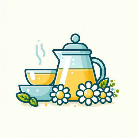 Tea set with chamomile flowers and teapot. Vector illustration.のイラスト素材