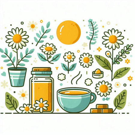 Vector illustration with chamomile tea in glass jar, honey in bowl, chamomile flowers and leaves.のイラスト素材