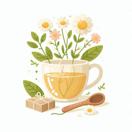 Cup of herbal tea with chamomile flowers and sugar cubes. Vector illustration.のイラスト素材