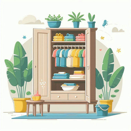 Illustration of a closet with clothes and accessories. Vector illustration.のイラスト素材