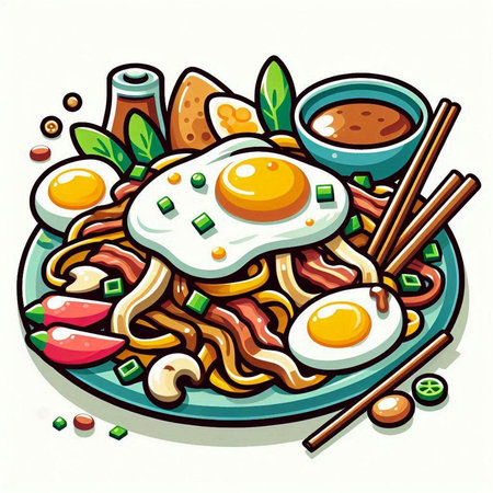 Illustration of Asian noodles with fried egg, vegetables and chopsticksのイラスト素材