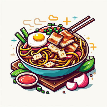 Illustration of a bowl of chinese noodle with vegetables and fried eggのイラスト素材