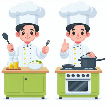 Chef and cook in kitchen. Vector illustration in cartoon style.のイラスト素材