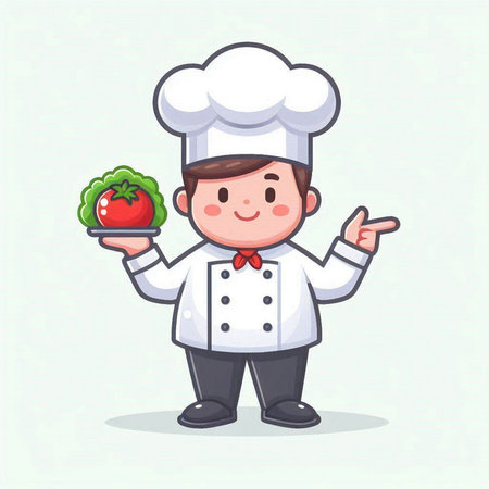 Chef with tomato and salad. Cute cartoon vector illustration.のイラスト素材