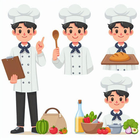 Set of chef character. Vector illustration in flat style. Isolated on white background.のイラスト素材