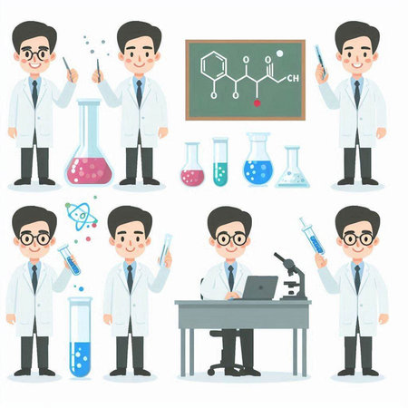 Scientist cartoon character set with various poses and actions. Vector illustration.のイラスト素材