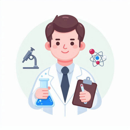 Scientist in lab coat holding flask and test tube. Vector illustrationのイラスト素材