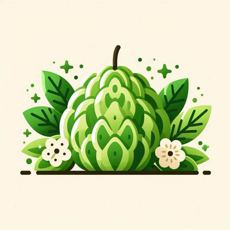 Illustration of a green watermelon with leaves and flowers on a light backgroundのイラスト素材