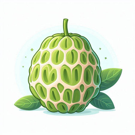 Custard apple with green leaves on white background. Vector illustration.のイラスト素材