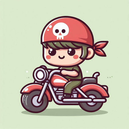 Cute cartoon girl riding a motorcycle. Vector illustration of a girl on a motorcycle.のイラスト素材
