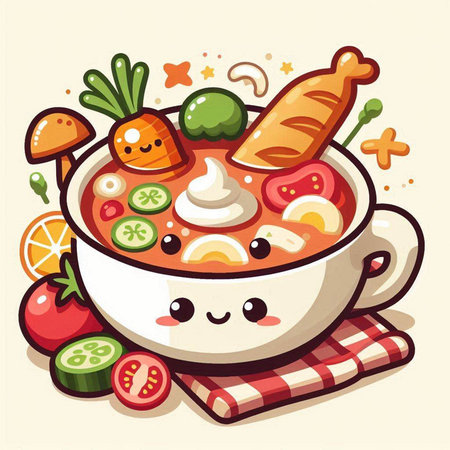 Kawaii soup in bowl with vegetables and fruits. Vector illustration.のイラスト素材