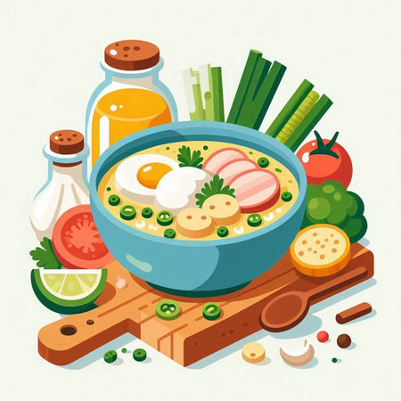Vector illustration of a bowl of soup with meat, vegetables and eggs.のイラスト素材