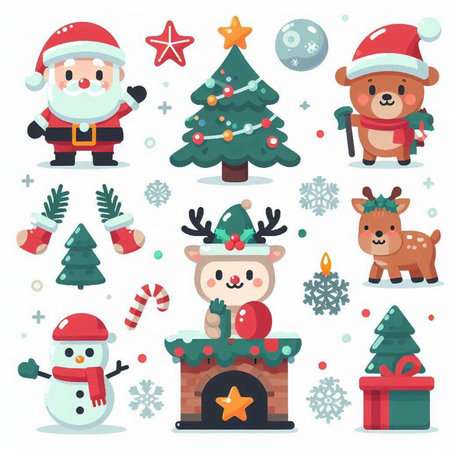 Christmas and New Year vector illustration. Cute cartoon characters, Santa Claus, reindeer, snowman, christmas tree, gifts and snowflakes.のイラスト素材