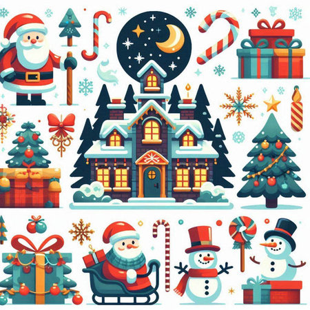 Christmas and New Year cartoon vector illustration. Santa Claus, snowman, house, christmas tree, candy cane, gifts.のイラスト素材