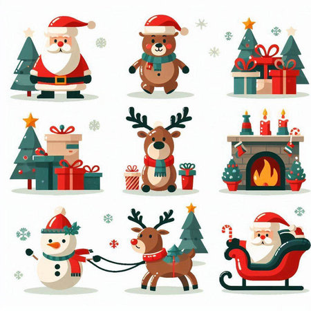 Christmas and New Year icons set with Santa Claus, reindeer, reindeer, snowman, fireplace, gift boxes, snowflakes and other elements.のイラスト素材