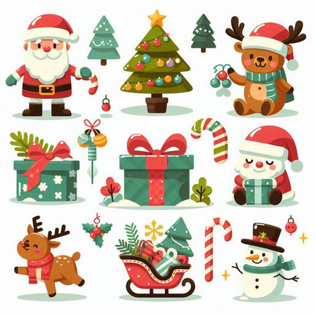 Set of Christmas elements. Santa Claus, reindeer, snowman, gift box, candy cane, christmas tree, snowman. Vector illustrationのイラスト素材