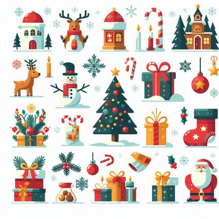 Christmas and New Year flat icons set with Santa Claus, reindeer, christmas tree, presents, candlestick, snowman, snowman. Vector illustrationのイラスト素材