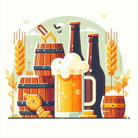 Beer vector illustration in flat style. Glass of beer with foam, barrel, hop, horseshoe, lager, malt, hop, hop on white background.のイラスト素材
