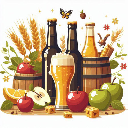 Beer, apples, cheese, nuts and wheat. Vector illustration.のイラスト素材